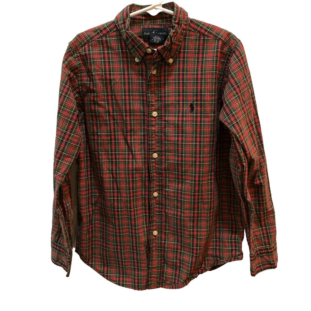 Ralph Lauren Boys Size 7 Red Green Plaid Button-Up Shirt Top Christmas Holiday